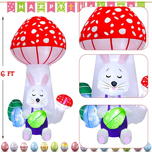 Lulu Home 6FT Easter Inflatable Yard Decoration, Lighted Blow Up Bunny Lean Against A Giant Mushroom Holding Easter Eggs, Air Blown Rabbit Lawn Garden Spring Indoor Outdoor Decors