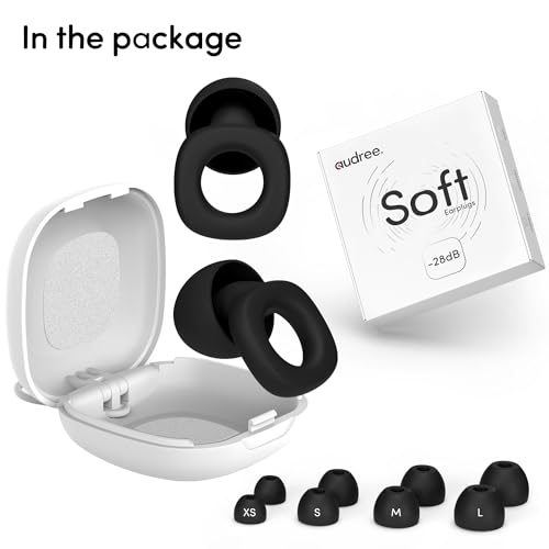 Audree Soft Ear Plugs for Noise Reduction, Reusable Flexible Earplugs for Sleep, Travelling, Focus, Study & Noise Sensitivity, 28dB Noise Cancelling, 8 Silicone Ear Tips in XS/S/M/L, Black