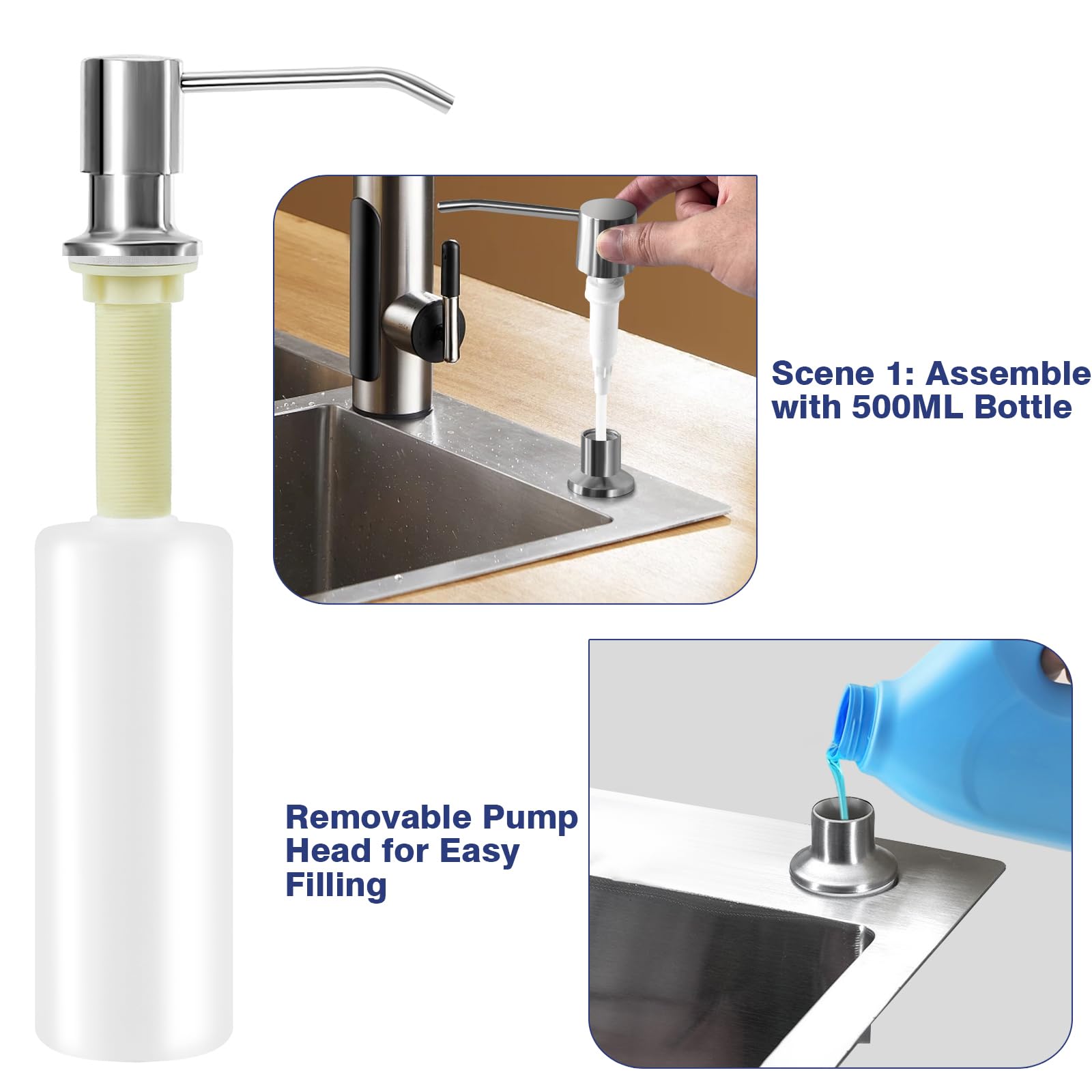 ONMUST Soap Dispenser for Kitchen Sink, Built in Soap Dispensers with 40 Inches Tube Connects Directly to Soap Bottle, No More Frequent Refills, Countertop Soap Dispenser Pump with 500ML Bottle