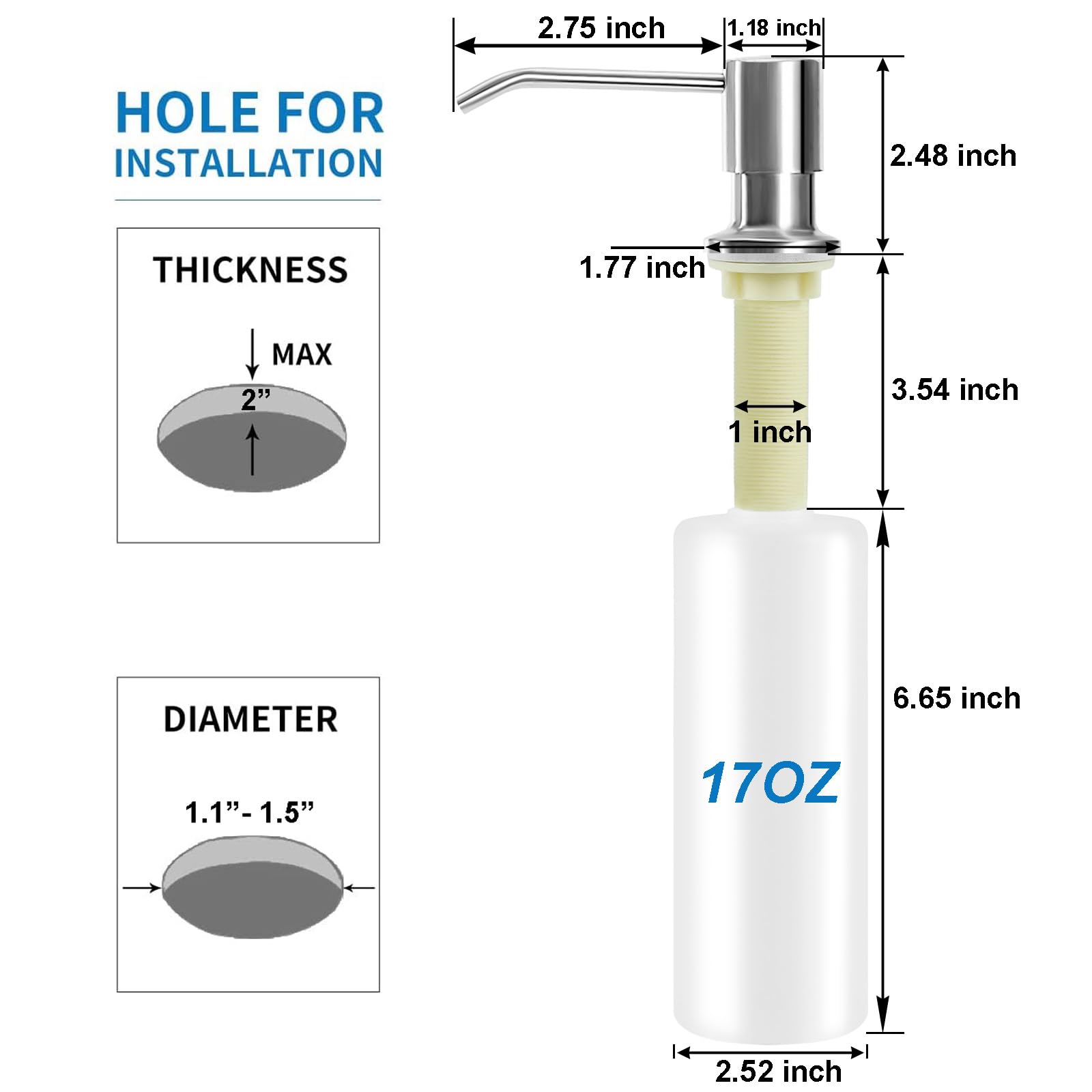 ONMUST Soap Dispenser for Kitchen Sink, Built in Soap Dispensers with 40 Inches Tube Connects Directly to Soap Bottle, No More Frequent Refills, Countertop Soap Dispenser Pump with 500ML Bottle