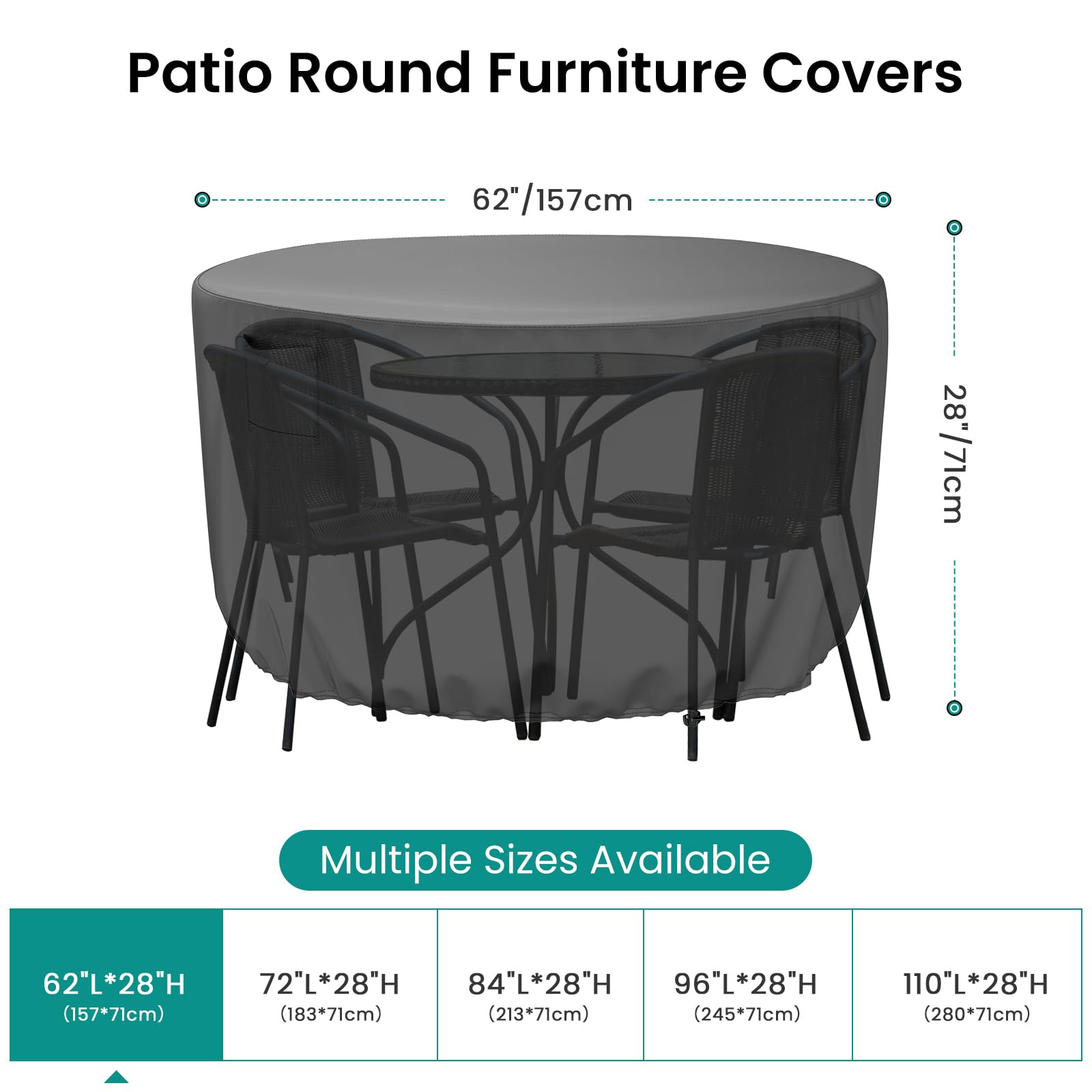 Mrrihand Round Patio Furniture Cover - Outdoor Chair Covers Waterproof Heavy Duty 600D Outdoor Table Chair Set Covers Anti-Fading Cover for Outdoor Furniture Set, 62" DIAx28 H, Black