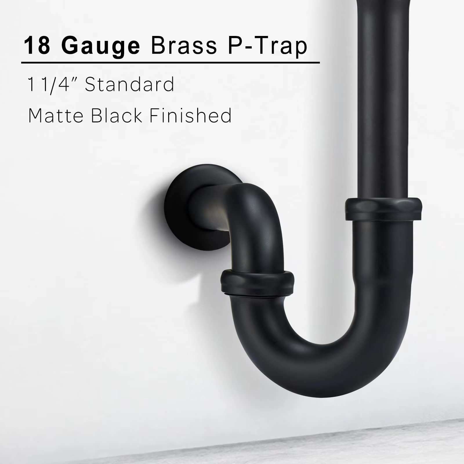 18 Gauge Solid Brass P-Trap 1 1/4” OD, Heavy Duty Brass Tubular J Bend Pipe Connector, Decorative Bathroom Basin Sink Waste Trap Drain Kit with Flange and Gasket Washers, Matte Black