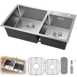 double bowl kitchen sink, drop in 32.3 x 17.7 stainless steel topmount bar sink nice kitchen sink with gift-soap dispenser, faucet mat, drain strainer set for modern kitchen sink