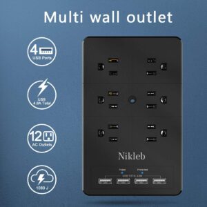 USB Wall Charger Surge Protector, 12 Outlets, 4 USB Ports, Multi Plug Outlet Extender Heavy Duty