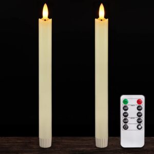 homemory 2 pcs real wax made flameless taper candles with remote and timer, 9.6" ivory battery operated candle stick flickering, led taper candles with lifelike flame for valentine's day indoor decor