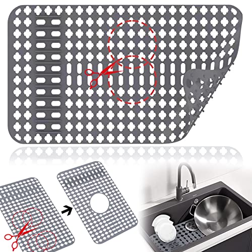 Sink Protectors for Kitchen Sink, Silicone Sink Mats for Bottom of Kitchen Sink Grid Accessory, 25.2'' x 13'' Non-Slip Kitchen Sink Mat for Farmhouse Stainless Steel Sink with Center & Rear Drain