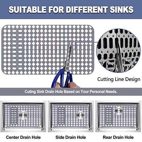 Sink Protectors for Kitchen Sink, Silicone Sink Mats for Bottom of Kitchen Sink Grid Accessory, 25.2'' x 13'' Non-Slip Kitchen Sink Mat for Farmhouse Stainless Steel Sink with Center & Rear Drain