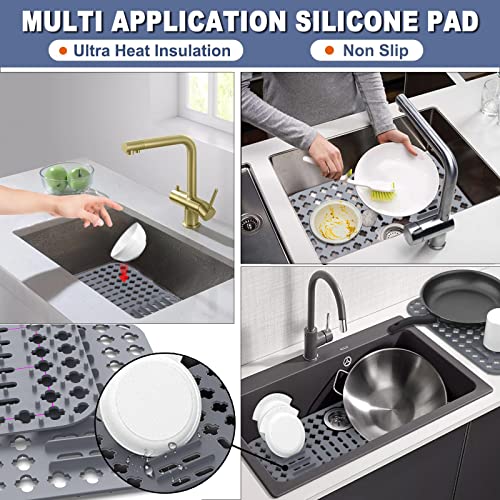 Sink Protectors for Kitchen Sink, Silicone Sink Mats for Bottom of Kitchen Sink Grid Accessory, 25.2'' x 13'' Non-Slip Kitchen Sink Mat for Farmhouse Stainless Steel Sink with Center & Rear Drain