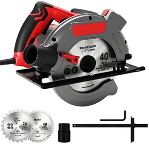 circular saw, electric saws with laser guide, 5000rpm 1500w electric circular saw with 2 saw blades (24t+ 40t), 0-45° bevel adjustment, ideal for woodworking, construction and renovation (red-a)