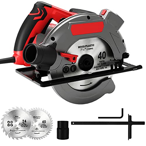 Circular Saw, Electric Saws with Laser Guide, 5000RPM 1500W Electric Circular Saw with 2 Saw Blades (24T+ 40T), 0-45° Bevel Adjustment, Ideal for Woodworking, Construction and Renovation (RED-A)