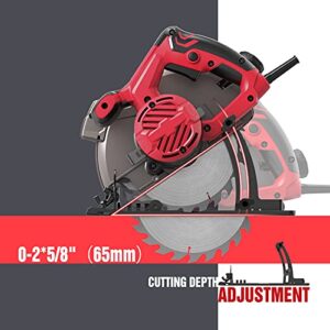 Circular Saw, Electric Saws with Laser Guide, 5000RPM 1500W Electric Circular Saw with 2 Saw Blades (24T+ 40T), 0-45° Bevel Adjustment, Ideal for Woodworking, Construction and Renovation (RED-A)