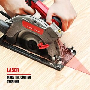 Circular Saw, Electric Saws with Laser Guide, 5000RPM 1500W Electric Circular Saw with 2 Saw Blades (24T+ 40T), 0-45° Bevel Adjustment, Ideal for Woodworking, Construction and Renovation (RED-A)