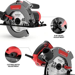 Circular Saw, Electric Saws with Laser Guide, 5000RPM 1500W Electric Circular Saw with 2 Saw Blades (24T+ 40T), 0-45° Bevel Adjustment, Ideal for Woodworking, Construction and Renovation (RED-A)