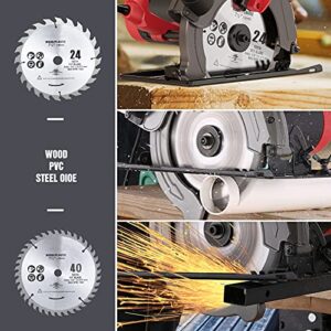 Circular Saw, Electric Saws with Laser Guide, 5000RPM 1500W Electric Circular Saw with 2 Saw Blades (24T+ 40T), 0-45° Bevel Adjustment, Ideal for Woodworking, Construction and Renovation (RED-A)