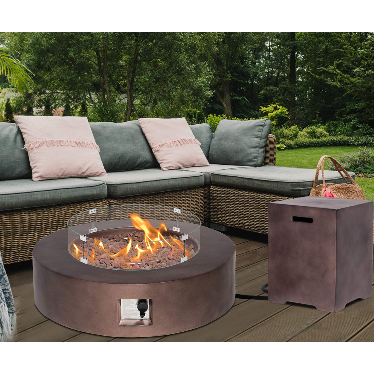 HOMPUS Outdoor Propane Fire Pit Table 42-inch 50,000 BTU Round Bronze Concrete Gas Fire Table w Tank Cover,Wind Guard,Lava Rocks,Rain Cover Smokeless FirePit for Outside Patio,Garden,Deck,Backyard