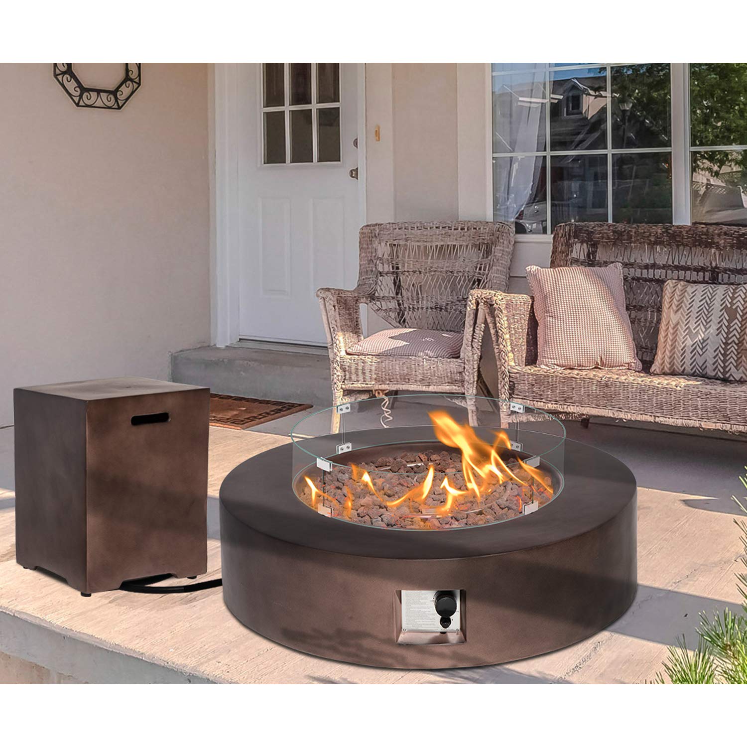 HOMPUS Outdoor Propane Fire Pit Table 42-inch 50,000 BTU Round Bronze Concrete Gas Fire Table w Tank Cover,Wind Guard,Lava Rocks,Rain Cover Smokeless FirePit for Outside Patio,Garden,Deck,Backyard