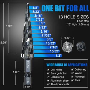 M35 Four Spiral Flute Step Drill Bit Set 1/8"-1/2" （13 Sizes ）,1/4" Hex Shank Drill, Impact Resistant M35HSS Unit Stepper bit, for Stainless Steel, Wood, Aluminum, Plastic