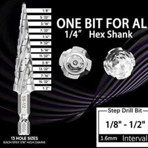 M35 Cobalt Step Drill Bit 1/8" - 1/2"（13 Sizes），Four Helical Flutes, 1/4" Hex Shank Drill.M35 Cobalt Step Drill Bit for Working Metal, Wood, Aluminum, Plastic, Great for DIYers