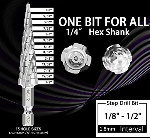 M35 Cobalt Step Drill Bit 1/8" - 1/2"（13 Sizes），Four Helical Flutes, 1/4" Hex Shank Drill.M35 Cobalt Step Drill Bit for Working Metal, Wood, Aluminum, Plastic, Great for DIYers