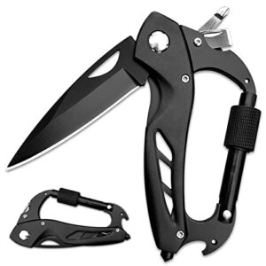 joycube multitool carabiner with folding pocket knife, bottle opener, window glass breaker and screwdriver, edc keychain clip, tactical knives survival gear for men outdoor camping