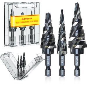 m35 four spiral flute step drill bit set 1/8"-7/8"(3 pcs), 1/4" hex shank drill for working metal, impact resistant m35 cobalt step drill bit, for stainless steel, wood, aluminum, plastic