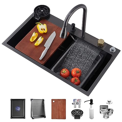 29.5" Black Waterfall Kitchen Sink 18 Gauge T304 Stainless Steel Single Bowl Kitchen Sink Drop in Kitchen Sink with Faucet Combo Topmount Workstation Sink with Accessories, 29.5" x 17.7" x 8.3"