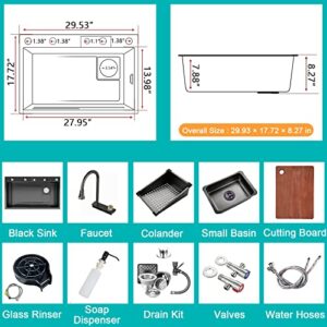 29.5" Black Waterfall Kitchen Sink 18 Gauge T304 Stainless Steel Single Bowl Kitchen Sink Drop in Kitchen Sink with Faucet Combo Topmount Workstation Sink with Accessories, 29.5" x 17.7" x 8.3"