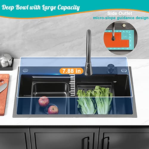 29.5" Black Waterfall Kitchen Sink 18 Gauge T304 Stainless Steel Single Bowl Kitchen Sink Drop in Kitchen Sink with Faucet Combo Topmount Workstation Sink with Accessories, 29.5" x 17.7" x 8.3"