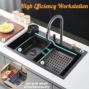 29.5" Black Waterfall Kitchen Sink 18 Gauge T304 Stainless Steel Single Bowl Kitchen Sink Drop in Kitchen Sink with Faucet Combo Topmount Workstation Sink with Accessories, 29.5" x 17.7" x 8.3"