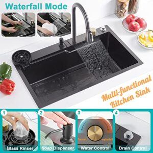 29.5" Black Waterfall Kitchen Sink 18 Gauge T304 Stainless Steel Single Bowl Kitchen Sink Drop in Kitchen Sink with Faucet Combo Topmount Workstation Sink with Accessories, 29.5" x 17.7" x 8.3"