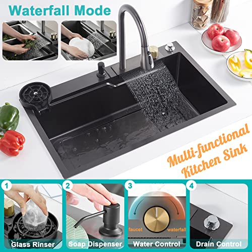 29.5" Black Waterfall Kitchen Sink 18 Gauge T304 Stainless Steel Single Bowl Kitchen Sink Drop in Kitchen Sink with Faucet Combo Topmount Workstation Sink with Accessories, 29.5" x 17.7" x 8.3"