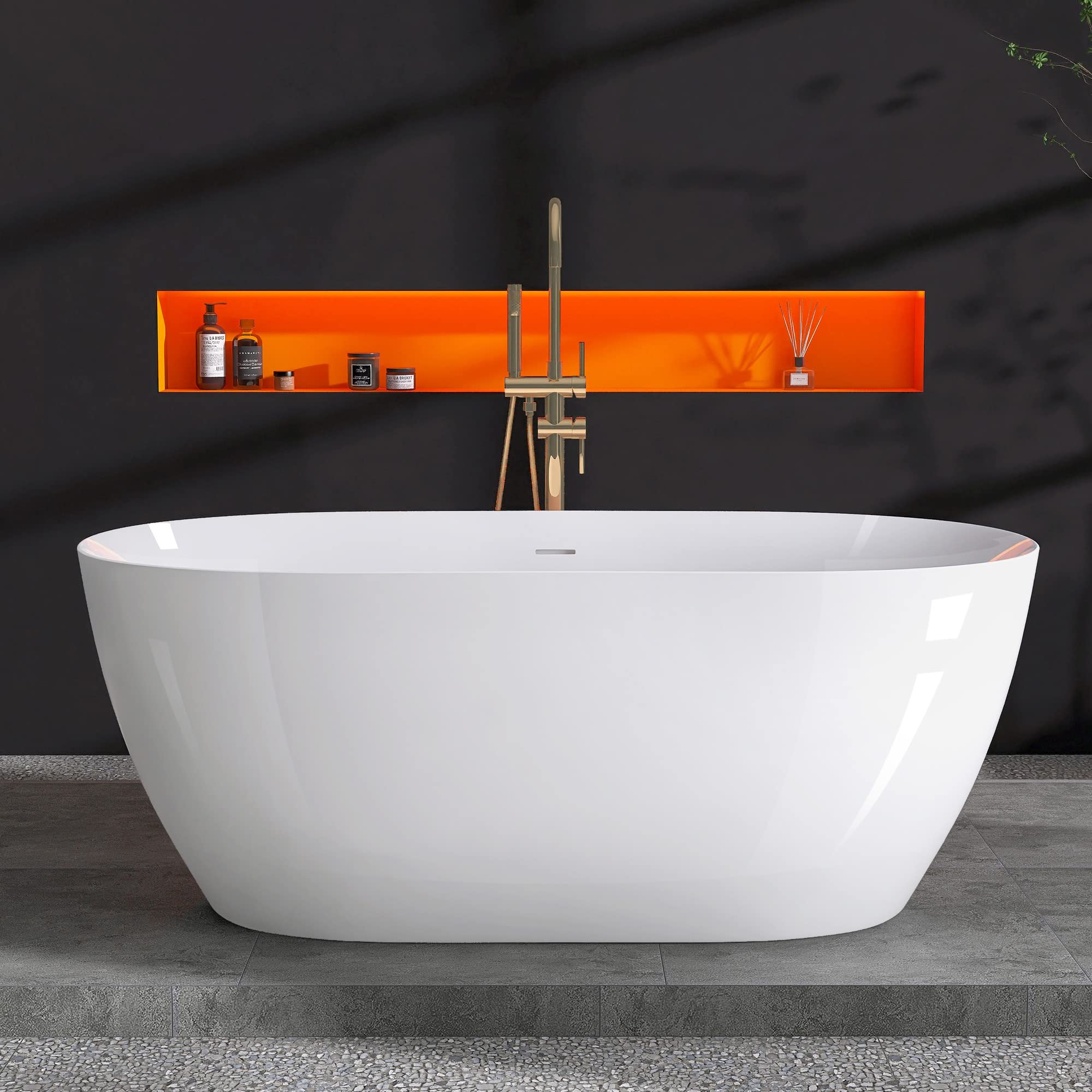 ZUAGCO Free Standing Tub 59" Curve Shape Acrylic Freestanding Bathtub Adjustable Modern Soaking Tub with Integrated Slotted Overflow and Removable Pop-up Drain Anti-clogging Glossy White 59"x30"