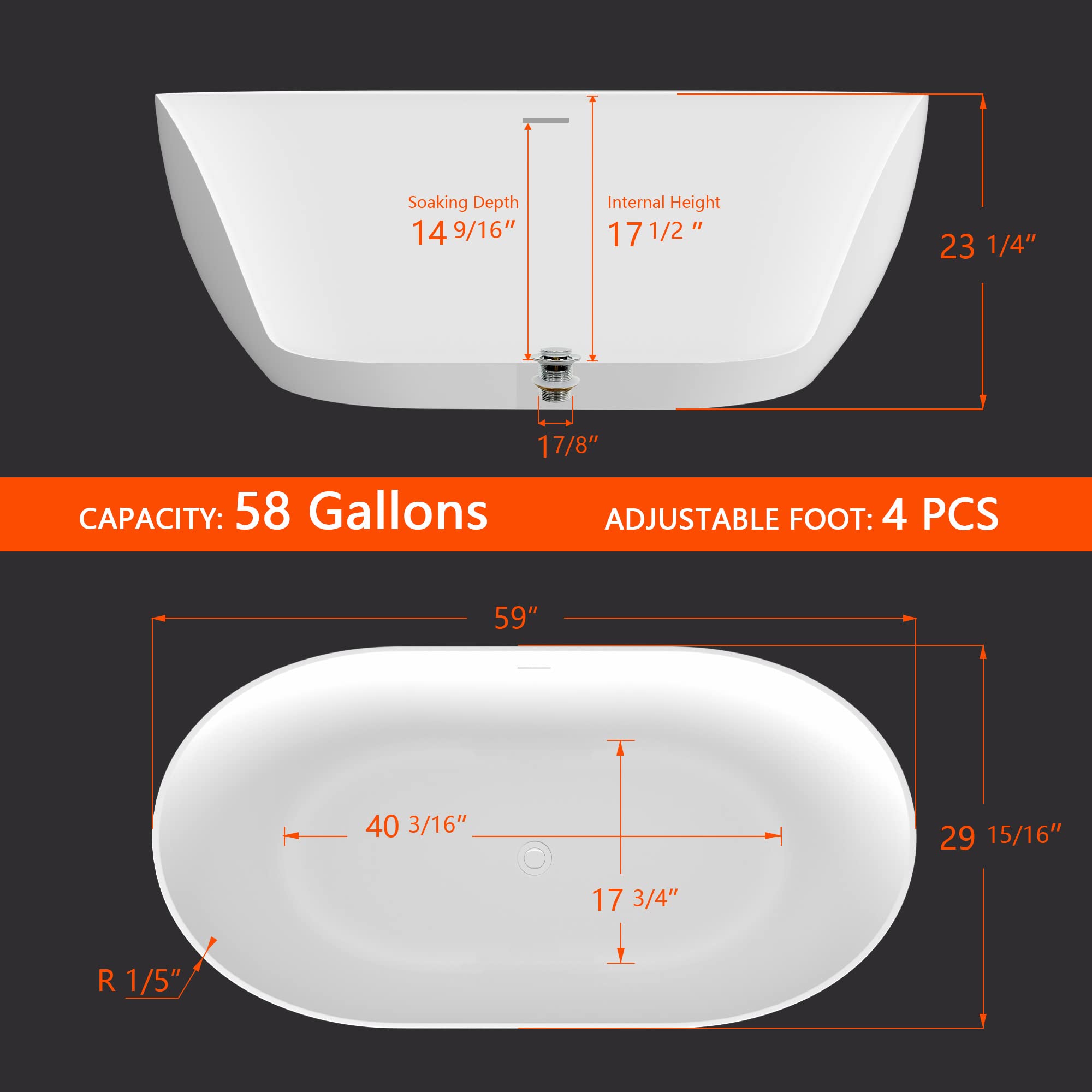 ZUAGCO Free Standing Tub 59" Curve Shape Acrylic Freestanding Bathtub Adjustable Modern Soaking Tub with Integrated Slotted Overflow and Removable Pop-up Drain Anti-clogging Glossy White 59"x30"