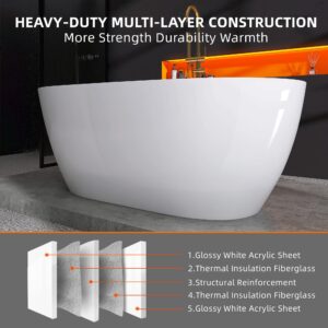 ZUAGCO Free Standing Tub 59" Curve Shape Acrylic Freestanding Bathtub Adjustable Modern Soaking Tub with Integrated Slotted Overflow and Removable Pop-up Drain Anti-clogging Glossy White 59"x30"