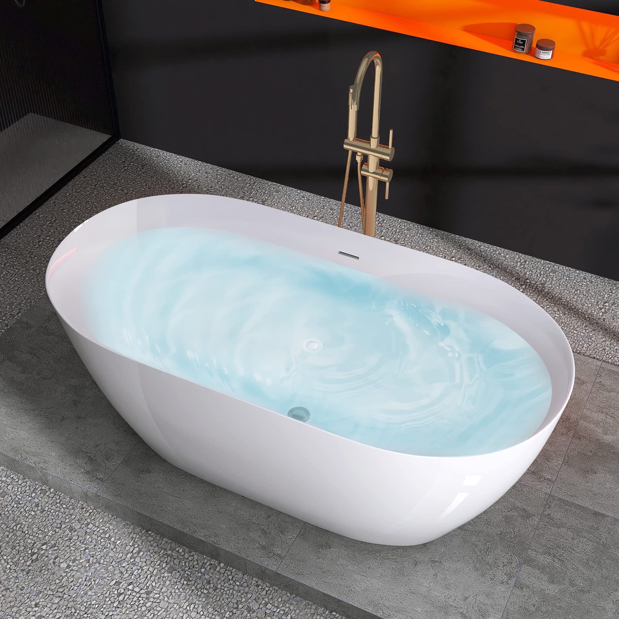 ZUAGCO Free Standing Tub 59" Curve Shape Acrylic Freestanding Bathtub Adjustable Modern Soaking Tub with Integrated Slotted Overflow and Removable Pop-up Drain Anti-clogging Glossy White 59"x30"