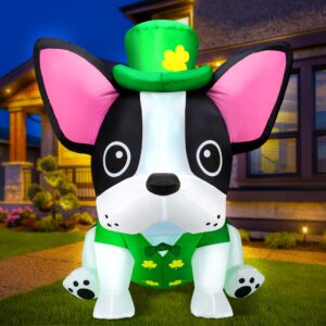 zukakii 5ft st. patrick's day inflatable outdoor decoration blow up french bulldog wearing lucky shamrocks hat with led lights st patricks day decorations yard garden lawn home party indoor