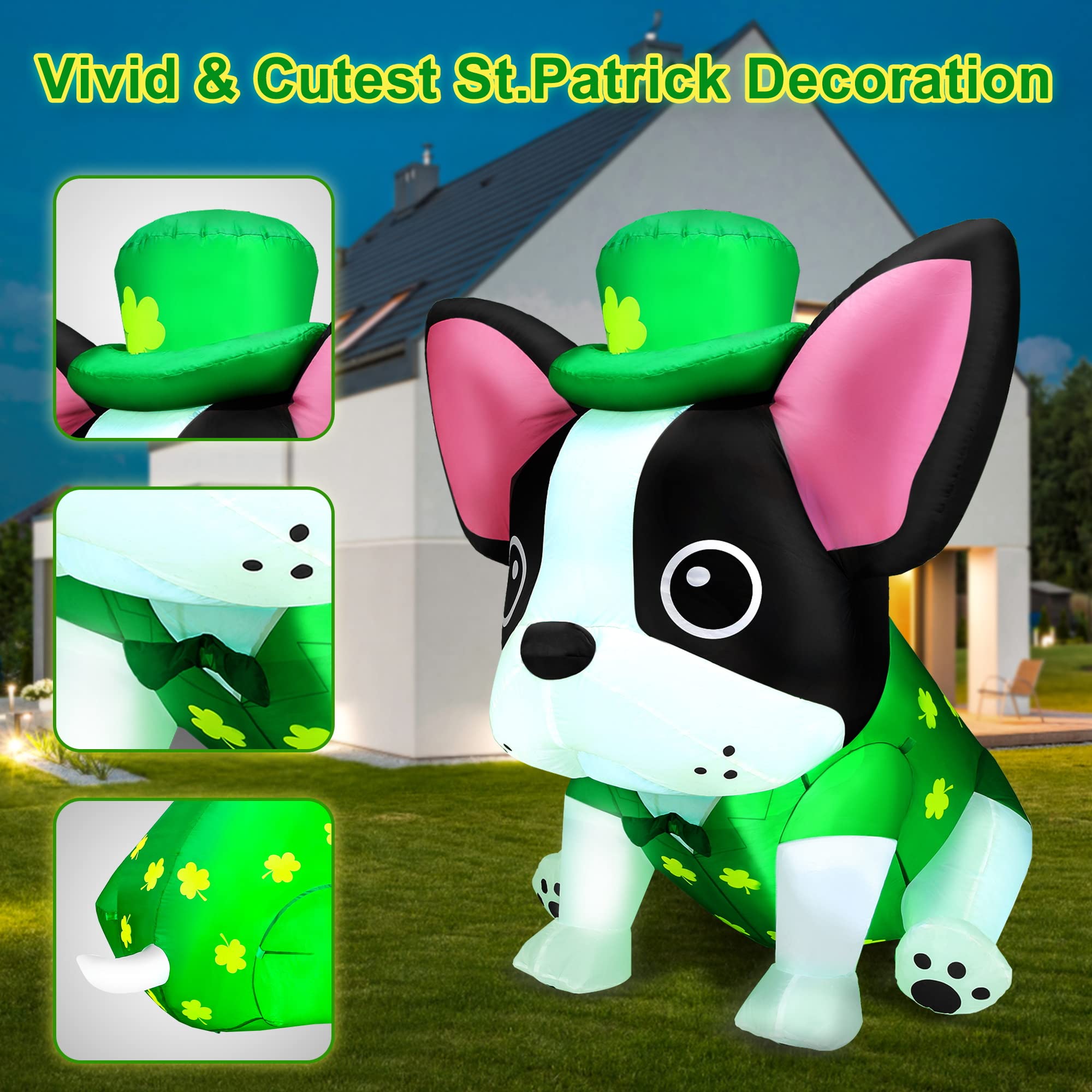 zukakii 5Ft St. Patrick's Day Inflatable Outdoor Decoration Blow Up French Bulldog Wearing Lucky Shamrocks Hat with LED Lights St Patricks Day Decorations Yard Garden Lawn Home Party Indoor