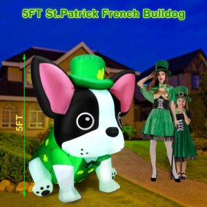 zukakii 5Ft St. Patrick's Day Inflatable Outdoor Decoration Blow Up French Bulldog Wearing Lucky Shamrocks Hat with LED Lights St Patricks Day Decorations Yard Garden Lawn Home Party Indoor