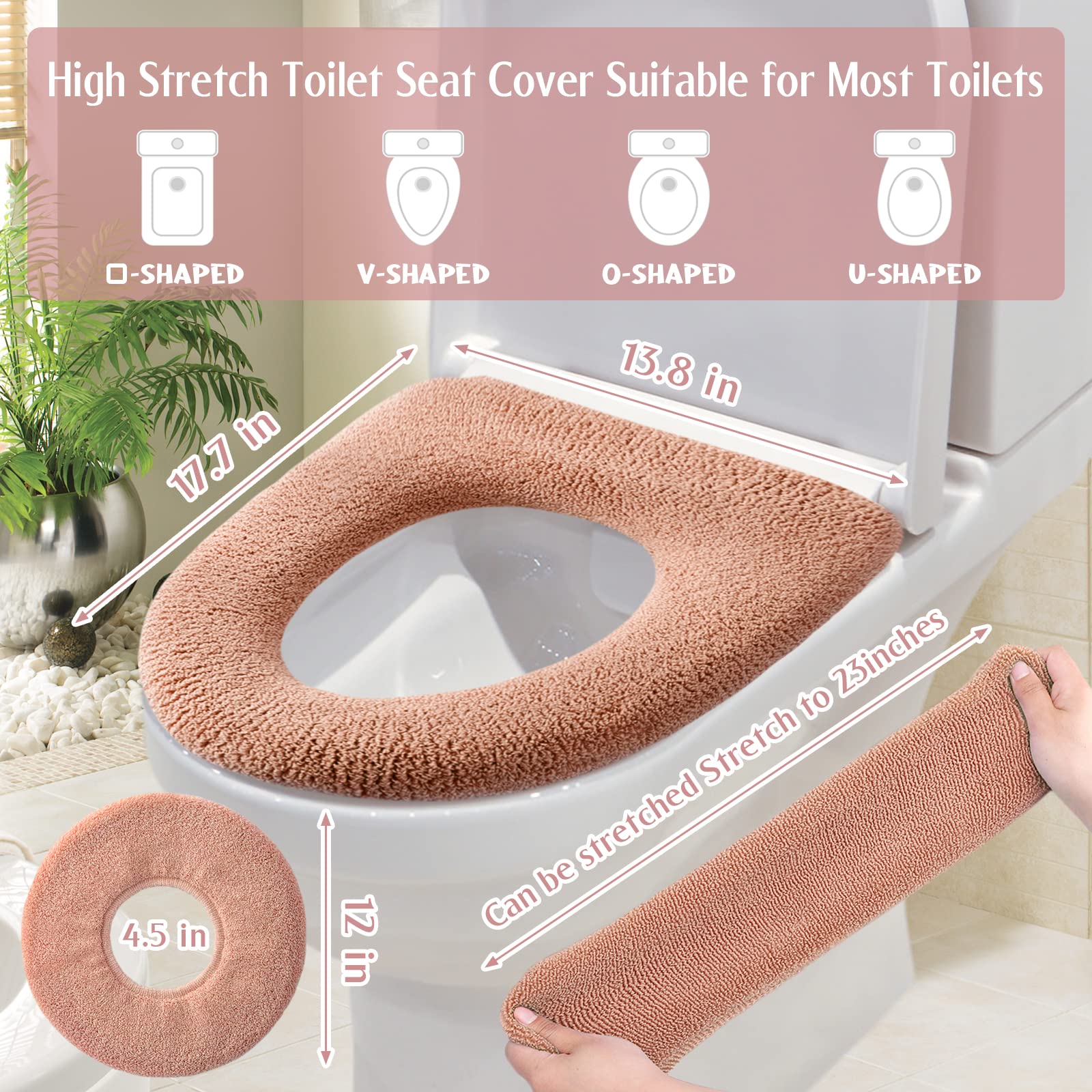 Legigo 5 Pack Thicker Bathroom Toilet Seat Cover Pads- Soft Warmer Toilet Seat Cushion Cover Stretchable Washable Fiber Cloth, Easy Installation Comfortable Toilet Lid Seat Cover(Knit Elongated Light)