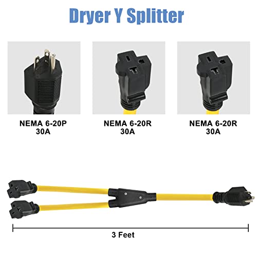 3FT NEMA 6-20P to Two 6-20R Y Splitter Power Cord, HDWS Splitter Power Cord, 20 AMP 250V 5000W for Air Compressors Pool Pump