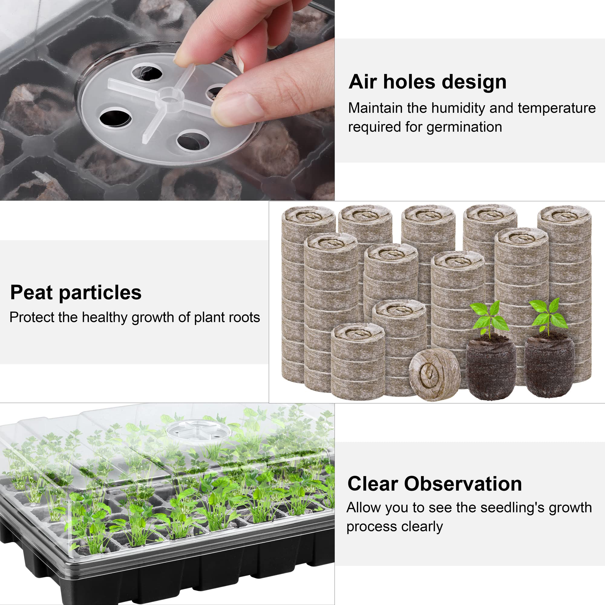 Hahood 3 Pack Seed Starter Tray Kit 120-Cells Germination Starter Tray with Humidity Dome and Base Including 120 Peat Pellets, Plant Labels, Tool, Plastic Plant Growing Tray for Garden Planting, Black