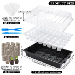 Hahood 3 Pack Seed Starter Tray Kit 120-Cells Germination Starter Tray with Humidity Dome and Base Including 120 Peat Pellets, Plant Labels, Tool, Plastic Plant Growing Tray for Garden Planting, Black