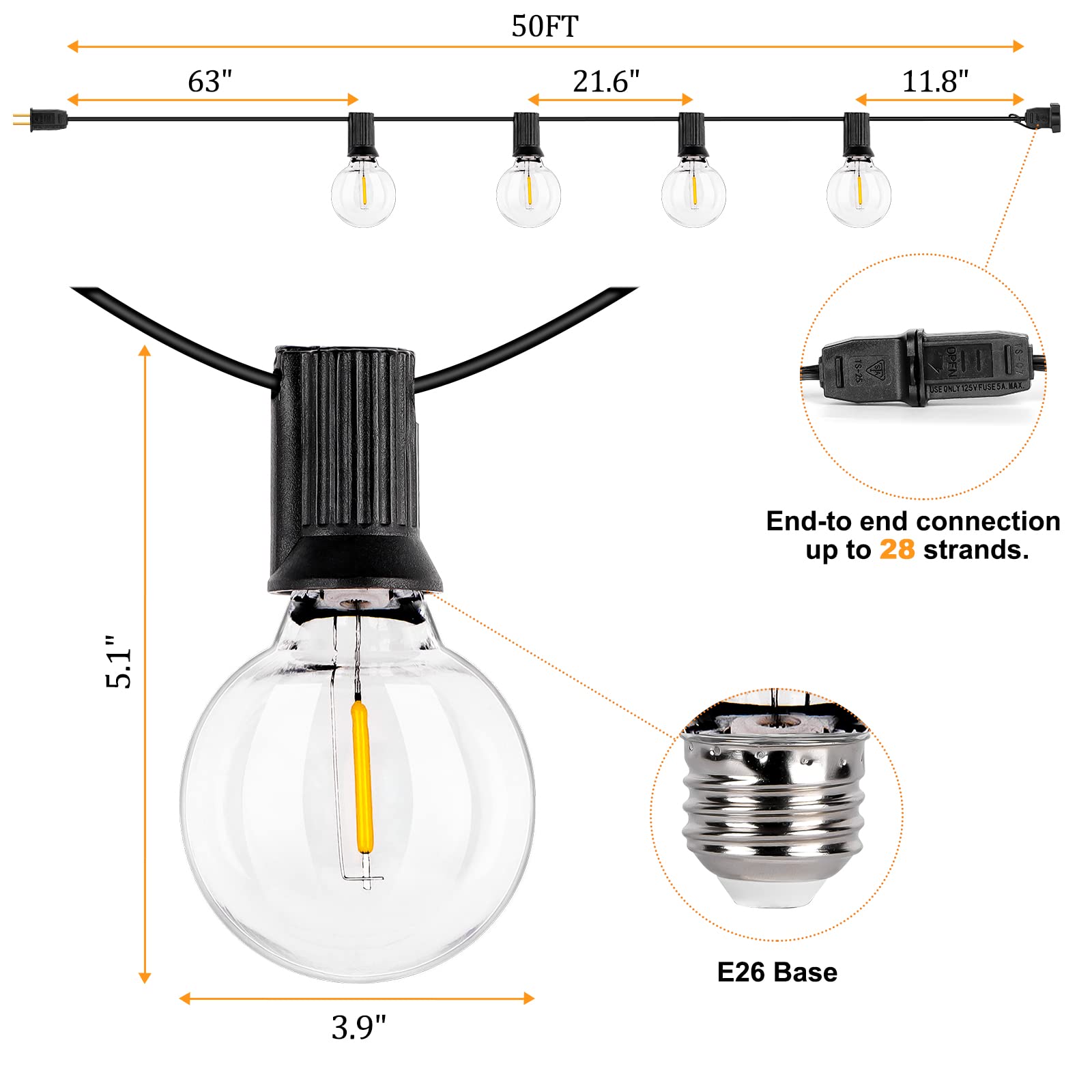 Outdoor String Lights 100FT(50*2Pack) with 52 Bulbs led outdoor string lights for Waterproof, G40 Outdoor Strings Light Connectable Commercial Patio Hanging Lights for House Backyard Balcony Party