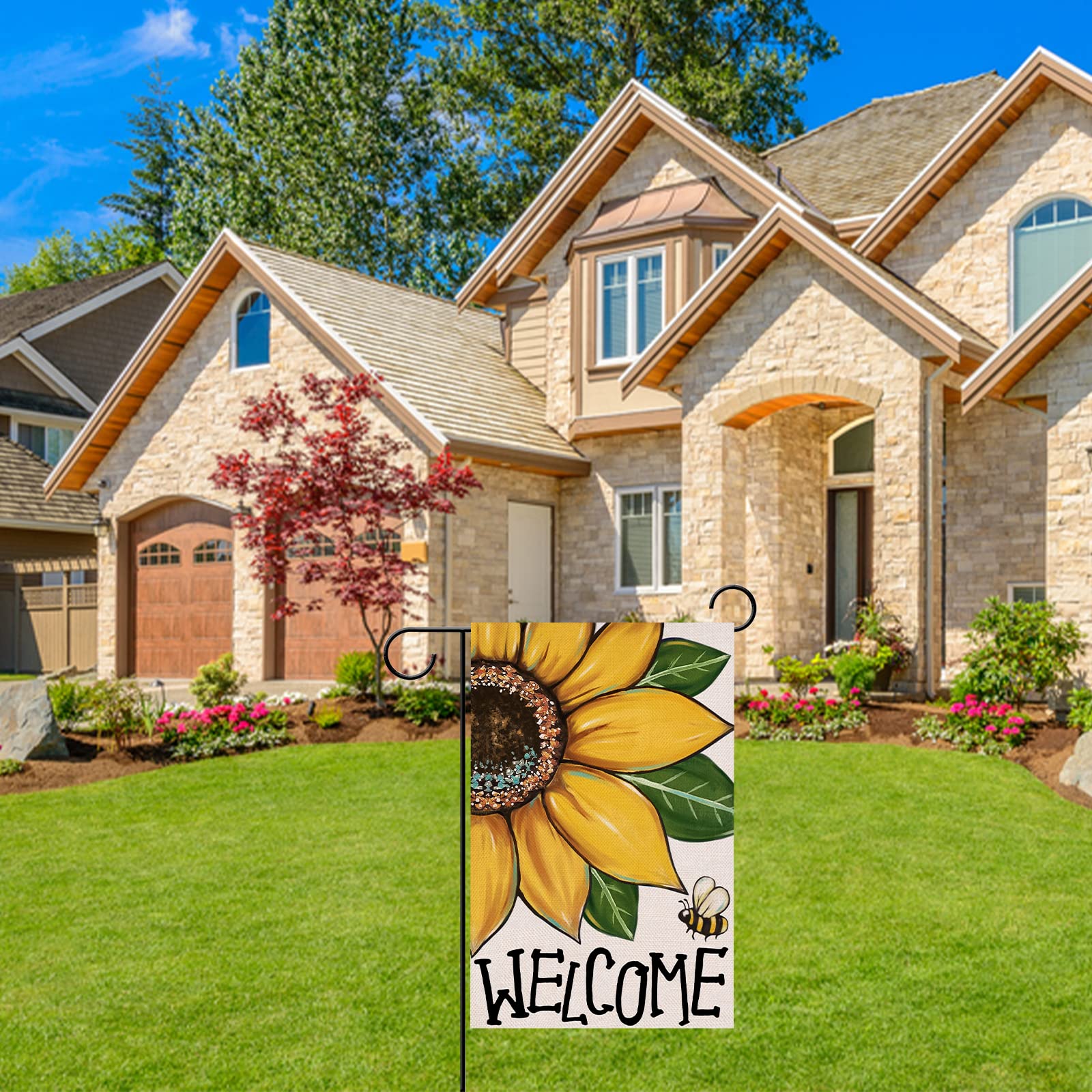 Covido Welcome Spring Summer Sunflower Decorative Garden Flag, Bee Yard Outside Decorations, Fall Autumn Farmhouse Outdoor Small Home Decor Double Sided 12 x 18