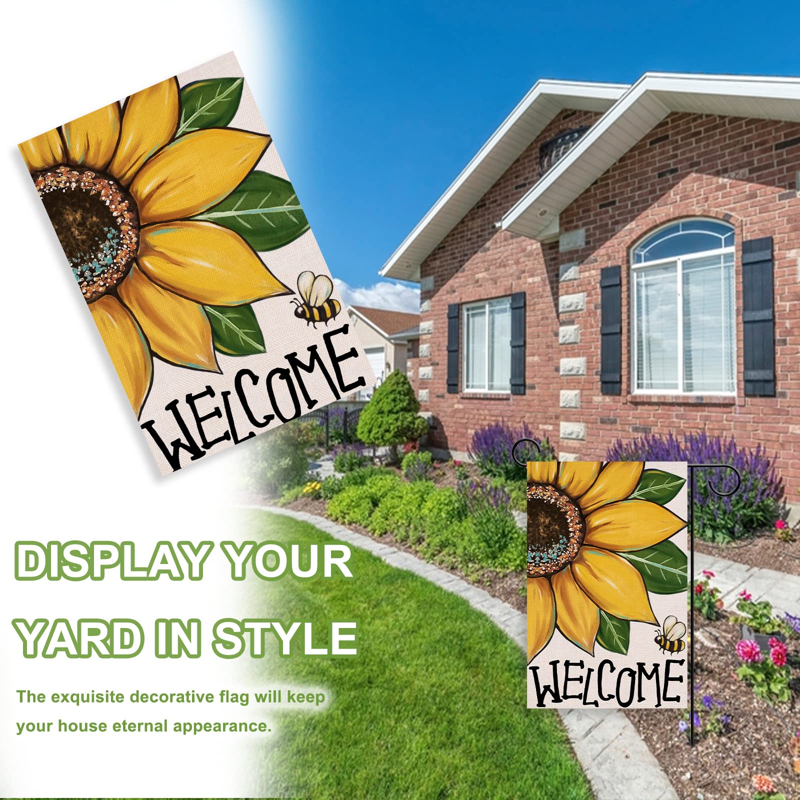 Covido Welcome Spring Summer Sunflower Decorative Garden Flag, Bee Yard Outside Decorations, Fall Autumn Farmhouse Outdoor Small Home Decor Double Sided 12 x 18