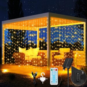 upgraded solar curtain lights, 300 led outdoor waterproof solar powered waterfall string lights for patio gazebo backdrop garden with usb rechargeable remote hanging twinkle curtain fairy lights