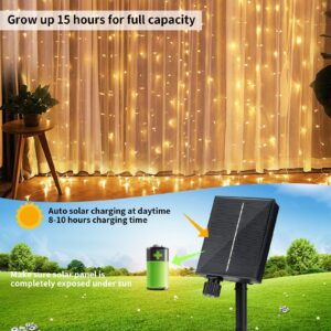 Upgraded Solar Curtain Lights, 300 LED Outdoor Waterproof Solar Powered Waterfall String Lights for Patio Gazebo Backdrop Garden with USB Rechargeable Remote Hanging Twinkle Curtain Fairy Lights