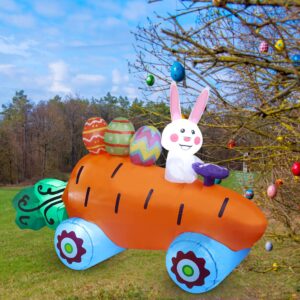 Sancodee 6 FT Long Easter Inflatable Bunny on Carrot Cart with Easter Eggs, Easter Blow up Yard Decorations for Indoor Outdoor Garden Lawn Holiday Party Decor