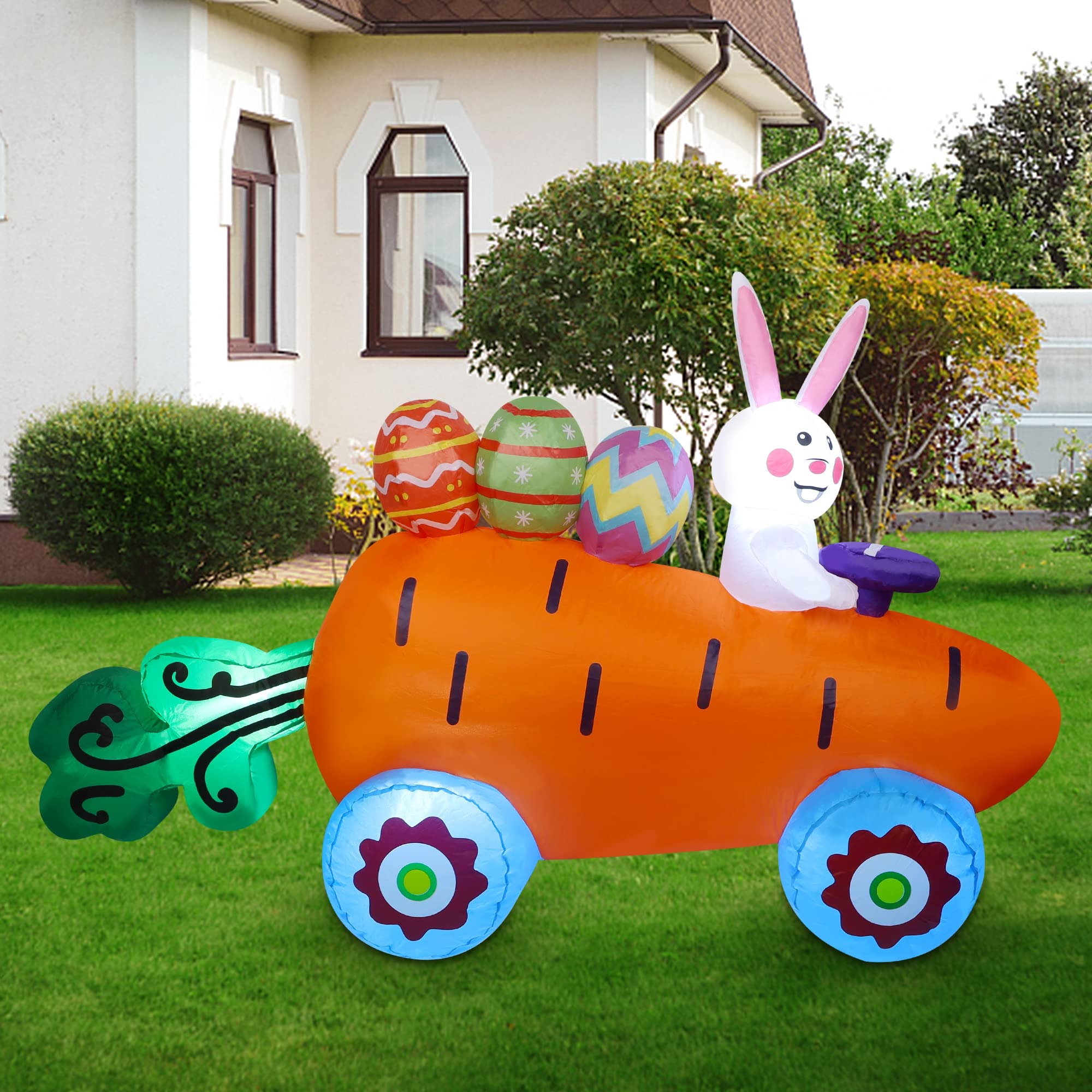 Sancodee 6 FT Long Easter Inflatable Bunny on Carrot Cart with Easter Eggs, Easter Blow up Yard Decorations for Indoor Outdoor Garden Lawn Holiday Party Decor