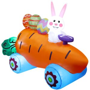 Sancodee 6 FT Long Easter Inflatable Bunny on Carrot Cart with Easter Eggs, Easter Blow up Yard Decorations for Indoor Outdoor Garden Lawn Holiday Party Decor